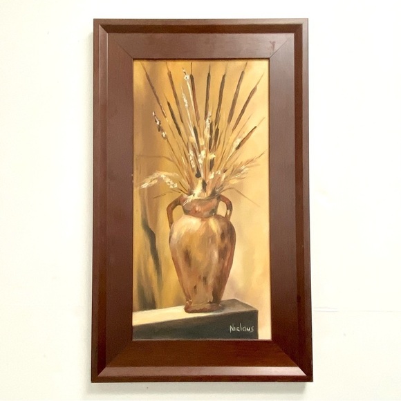 Painting Of Vase Urn With Wheat Grass Cattails Browns Neutral Framed Signed - Picture 1 of 9